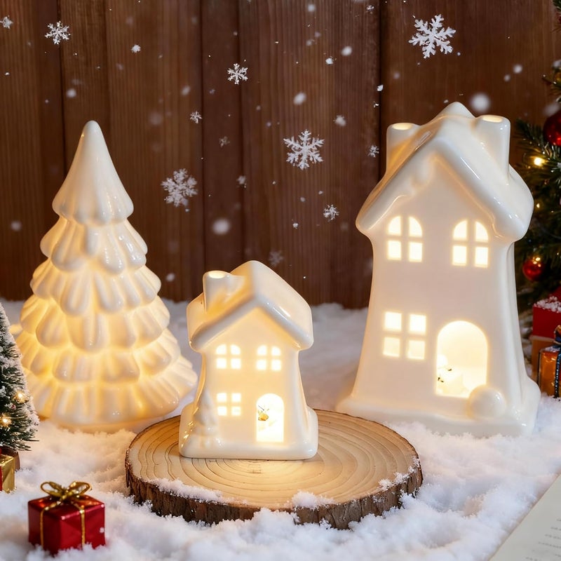 NEROSUN Ceramic Christmas Village Houses, 3Pcs LED Lighted Porcelain White Small House and Xmas Tree Tabletop Figurines, Light Up Christmas Decorations for Home Shelf Cabinet Table Winter Decor - Image 5